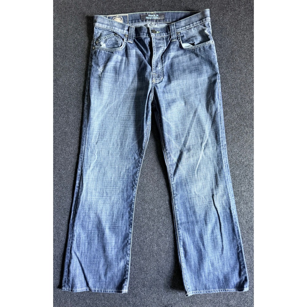 Vintage Rock & Republic Mens Straight Leg Jeans Blue Denim 36x30 Embroidered Y2K
